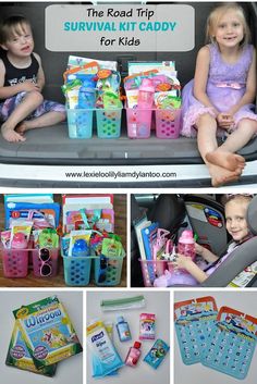 there are several pictures of children in the back of a car with toys and books