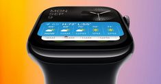 an apple watch with the weather displayed on it's display screen and rainbow background