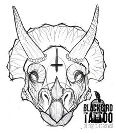 a drawing of a horned animal with a cross on it's forehead and the words blackbird tattoo