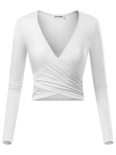 PRICES MAY VARY. Long sleeve, sexy v-neck, stylish cross front crop tops show women's sexy waist line and curve. Light weight, comfortable, stretchy, soft and breathable material. Thin enough to wear throughout summer, and to layer on during winter. Great choice to match denim jeans, shorts and skirts in various colors to be a reinvention queen！Very easy matching！ Classy enough to wear for work as well as for working out, casual, club, party, dancing, dating, shopping, wedding occasion. For deta White Long Sleeve Crop Top, Shirts Crop, Slim Fit Crop Top, Criss Cross Top, Colorful Crop Tops, Wrap Crop Tops, Wrap Shirt, Long Crop Top, Accessories Clothing