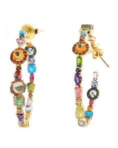 Sharon Khazzam Baby Hoop Earrings 18k gold Diamond 0.23 total carat weight Gemstones 9.32 total carat weight Amethyst, anthill garnet, apatite, aquamarine, blue sapphire, emerald, garnet, green tourmaline, orange sapphire, peridot, pink sapphire, purple, sapphire, red spinel, ruby, spessartite, tsavorite, turquoise, watermelon tourmaline, white topaz, and yellow tourmaline Twenty-two total stones Prong setting Hoop style 1.75” D Pushback post One of a kind Handcrafted Baby Hoop Earrings, Ear Drops, Red Spinel, Purple Sapphire, Orange Sapphire, Fancy Jewelry, Watermelon Tourmaline, Aquamarine Blue, Green Tourmaline