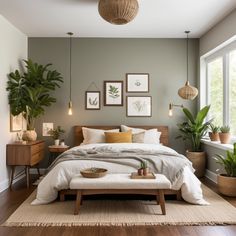 a bed sitting in a bedroom next to a window with potted plants on it