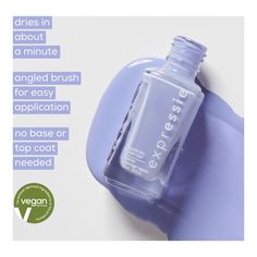 expressie dries in about a minute so you can grab, try and apply on-the-fly. our first-ever angled brush allows for easy application with both hands. Essie Expressie quick dry nail polish, 8-free vegan, mauve purple, Get A Mauve On, 0.33 fl oz; Expressie Get A Mauve On - mauve purple quick dry nail polish with a cream finish Quick-dry nail polish; fast-drying formula that dries in about a minute One-step color; apply two coats of any Expressie color on clean nails, let dry for about a minute, no base or top coat needed Easy application; our angled brush makes for easy self-application with both hands, including your non-dominant hand Vegan, no animal testing, 8-free formula - without formaldehyde, toluene, dibutyl phthalate, formaldehyde resin, camphor, ethyl tosylamide, xylene, triphenyl Nail Polish Party, Polish Words, Quick Dry Nail Polish, Nail Polish Hacks, Dry Nails Quick, Power Moves, Edgy Nails, Vegan Nail Polish, Dry Nail Polish