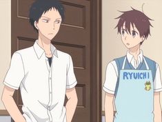 two anime characters standing next to each other in front of a door and looking at the camera