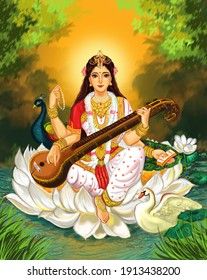 goddess sitting on the lotus with an instrument in her hands