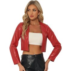 With a blooming open-front decor, this jacket can be added to your choice for the upcoming seasons. The soft and exquisite texture of PU material and faux leather brings you cool and timeless motorcycle biker outfits, drawing out your charm in the crowd. Pair it with jeans or casual trousers, boots, and high heels for many occasions. A nice choice to wear it to a party. Red Fitted Open Front Outerwear, Red Casual Cropped Jacket With Long Sleeves, Casual Red Leather Jacket With Zipper Closure, Red Fitted Leather Jacket With Pockets, Red Cropped Leather Jacket, Red Faux Leather Long Sleeve Outerwear, Biker Outfit, Cropped Leather Jacket, Long Sleeves Coats