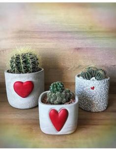 three potted plants with red hearts painted on the pots and one has a cactus in it