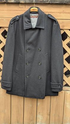 Mens Black Peacoat by Perry Ellis. Size: Large Casual Solid Pea Coat For Business, Casual Winter Peacoat For Business, Black Double-breasted Winter Sport Coat, Black Peacoat With Pockets For Cold Weather, Casual Black Peacoat For Cold Weather, Black Peacoat, Perry Ellis, Mens Jackets, Jackets & Coats