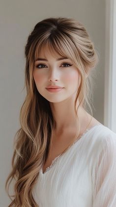 Half Up Half Down Bangs, Wedding Hair With Bangs, Fun Hairdos, Medium Length With Bangs, Alana Blanchard, Honey Blonde Hair Color, Beautiful Bridal Hair, Hair Maintenance Tips, Elegant Wedding Hair