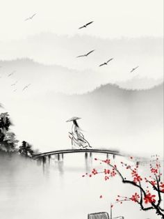 Japanese Water Painting, Sumi E Art, Silhouette Painting