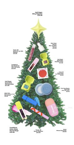 a christmas tree with all the different items on it and labeled in english, spanish, and french