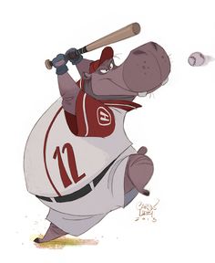 a hippo baseball player with a bat in his hand and another animal behind him