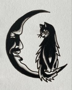 a black and white drawing of a cat sitting on the moon with its tail curled back