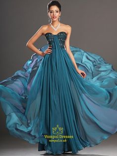 Blue Sweetheart Beaded Pleated Floor Length Chiffon Prom Dress | Vampal Dresses Marchesa Dress, Prom Dress 2013, Prom Dress With Train, Turquoise Lace, Red Chiffon, A Line Prom Dresses, White Chiffon, Chiffon Prom Dress, Marchesa