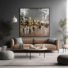 a living room filled with furniture and a painting on the wall