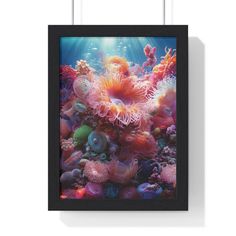 an underwater scene with corals and other marine life in black frame hanging on the wall