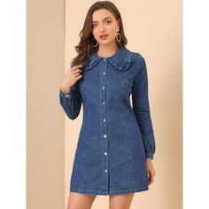 The flattering ruffle neckline of this playful jean dress is ready to elevate an everyday look. Sturdy denim shapes this trendy dress that has a high-waisted fit to show the beauty of your figure. This denim dress is perfect to create a charming and retro style! Charm all day long in this button-front frock fashioned with a Peter Pan collar and long sleeve. Wear it with ankle boots for a complete look! Long Sleeve Denim Dress With Ruffles, Trendy Collared Dress In Denim Blue, Collar Frock, Denim Collar, Frock Fashion, Denim Maxi Dress, Ruffle Fabric, Denim Midi Dress, Jean Dress