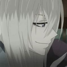 an anime character with long white hair and glasses looking to his left while staring into the distance