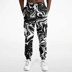 Black and White Oil Spill Unisex Cargo Joggers (Fleece Lined) – BigTexFunkadelic Trendy Black Sweatpants With Cargo Pockets, White Cargo Pants With Elastic Waistband For Streetwear, Hip Hop White Joggers With Pockets, White Hip Hop Joggers With Pockets, Streetwear Relaxed Fit Cargo Joggers, White Drawstring Joggers For Jogging, Black Relaxed Fit Joggers With Cargo Pockets, Relaxed Fit Cargo Joggers For Streetwear, Trendy Baggy Joggers With Drawstring