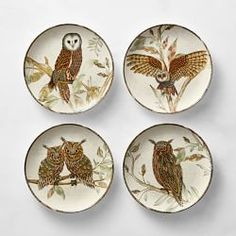 four plates with owls painted on them