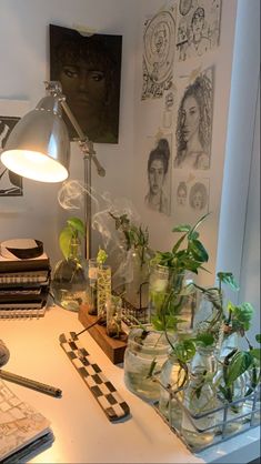 a desk with some plants and books on it