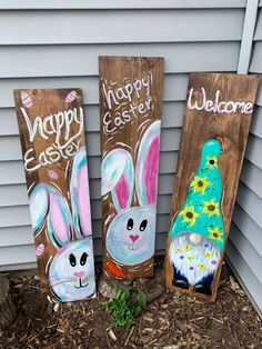 Outdoor porch Easter welcome sign. Bunny decor Diy Easter Painting, Easter Porch Signs, Spring Leaner Boards, Welcome Porch Leaner, Pallet Easter Bunny, Easter Bunny Painting On Wood, Spring Welcome Sign, Easter Bunny Signs Wood, Door Leaners