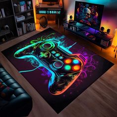 a living room with a rug that has a video game controller on it