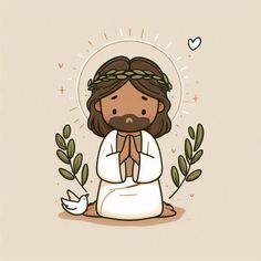 jesus sitting on the ground with his hands folded in front of him, surrounded by plants