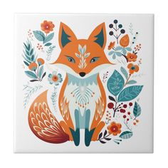 a ceramic tile with an orange fox surrounded by flowers