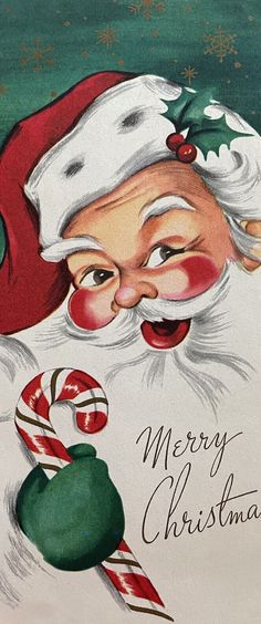 a painting of santa claus holding a candy cane