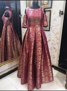 Pure banarasee designer floor length gown Indian Pakistani | Etsy Gown Indian, Gown Party Wear, Long Gown Design, Sari Dress, Long Gown Dress, Long Dress Design, Designer Anarkali, Indian Gowns Dresses, Brocade Dresses