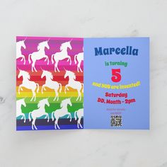 a colorful unicorn birthday party card with the number 5 on it's front and back