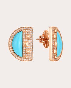 Designed with a half-moon shape, these 18-karat rose gold earrings feature a semi circle of inlaid turquoise and dimensional pyramid-like details throughout. A stunning array of round-cut, pavé-set diamonds adds shimmering appeal. From Terzihan's Cairo Collection, inspired by one of the oldest, richest and most noble civilizations. Butterfly post back 18k rose gold, turquoise and diamond Carat: 1 ctw diamond, 24 ctw turquoise Diamond color: F Diamond clarity: VS Polish with soft cloth Made in Turkey Measurements Width: 0.39in Length: 0.59in Best Romantic Song Lyrics, Moon Shape, Moon Shapes, Diamond Carat, Romantic Songs, Diamond Color, Rose Gold Earrings, Diamond Clarity, Cairo