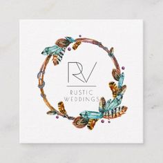 a white card with the letter r on it and an image of birds in a circle