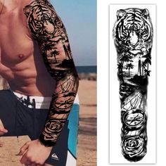 a man with a tattoo on his arm next to an image of a tiger and palm trees