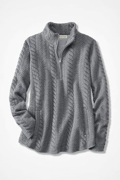 Laid-back pullover in soft knit features a charming, allover cabled texture. Side pockets. Imported. | Women's Cabled Quarter-Zip Sweatshirt - Spice - XS Womens Knit Tops, Knit Denim, Quarter Zip Sweatshirt, Womens Fleece, Weekend Wear, Coldwater Creek, Zip Sweatshirt, Petite Size, Fashion Pants