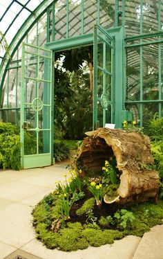 the inside of a greenhouse with green doors and plants growing in the ground below it