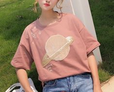 Cute Universe Star Planet Embroidery T-shirt Casual Beige Tops With Embroidered Text, Pink Embroidered Cotton T-shirt, Casual Embroidered Pink Top, Casual Pink Embroidered Tops, Casual Beige Tops With Embroidered Graphics, Trendy Apricot Cotton Top, Pink Summer Top With Embroidered Text, Pink Embroidered T-shirt, Pink Tops With Embroidered Text For Summer