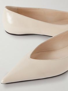 TOTEME + NET SUSTAIN The Asymmetric Ballerina leather point-toe flats | NET-A-PORTER White Ballerina Flats, Brown Flats, Ballerina Shoes, Pointed Toe Shoes, Pointed Toe Flats, Leather Ballet Flats, White Flats, Ballerina Flats, Ballet Flat Shoes