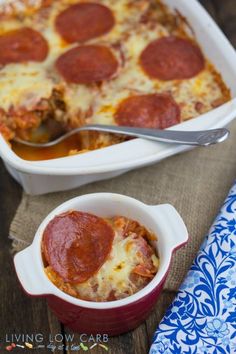 a close up of a casserole dish with pepperoni and cheese on it