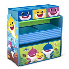 three toy bins with shark faces on the front and bottom, one for children's storage