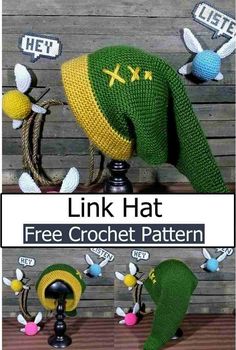 a knitted hat with the words link hat on it and two pictures of different hats