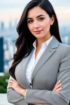 a woman with her arms crossed standing in front of a cityscape and looking at the camera