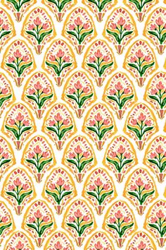 an orange and green pattern with flowers on it