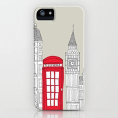 a phone case with an illustration of a red telephone booth and big ben in the background