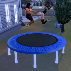 a woman is jumping on a trampoline in an animated scene with her dog