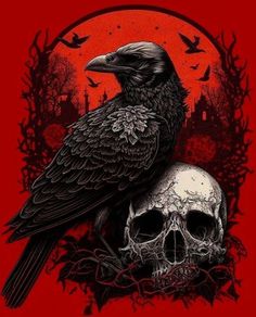 a black crow sitting on top of a skull in front of a red background with birds