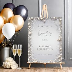 This 50th Birthday Party Welcome Sign Template is from our DIAMONDS & PEARLS line. An elegant, editable, easy-to-personalise design. Easily upload and add your own details. Personalise your template in Canva, a simple-to-use template editor that works in your web browser (and via your mobile device). -------------------------------------- PRODUCT SPECIFICATION -------------------------------------- Welcome Sign Template size: A2 / 16.5 x 23.4 in --------------------------- WHAT'S INCLUDED ------ Diamonds And Pearls Prom Theme, Diamond And Pearls Party Theme, Diamond Jubilee Theme Party, Diamonds And Pearls Theme Birthday, Pearl Birthday Theme, Pearl Themed Party, Diamond Theme, Sixtieth Birthday, Pearl Party