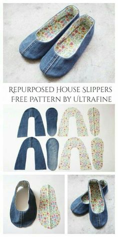 the instructions for how to make slippers out of old jeans and denim fabric are shown