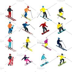 people are skiing and snowboarding in different positions on skis, snowboards and snowboards